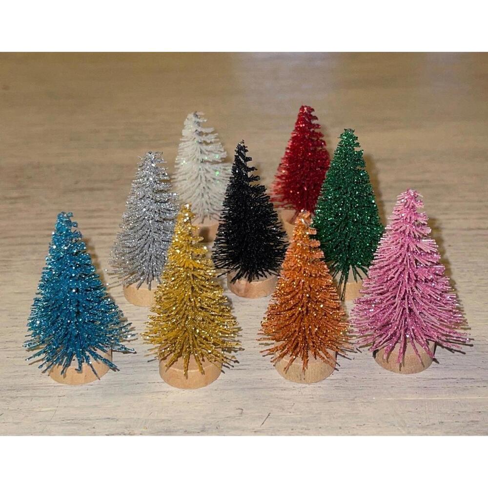 Set of 9 New Mini Colorful Glitter Bottle Brush Trees Chrustmas Decor and Crafts